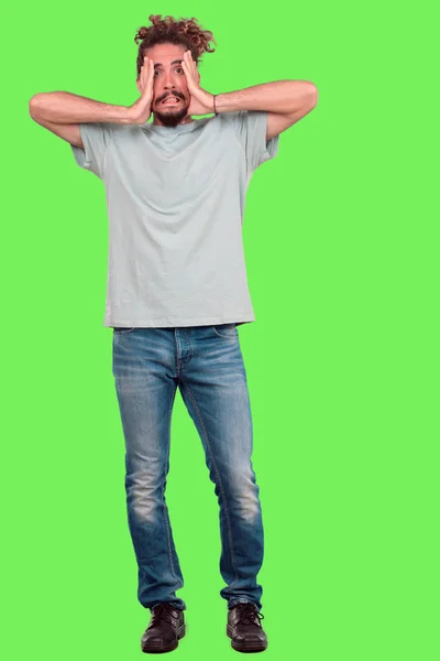 Young Bearded Man Full Body Gesturing Chroma Key Green Background — Stock Photo, Image