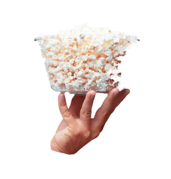 Isolated Male Hand Holding Pop Corns Bowl — Stock Photo, Image