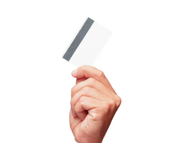 Mão Masculina Isolada Segurando Cartão Crédito — Fotografia de Stock