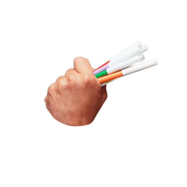 Isolated Cutout Male Hand Holding Colored Markers — Stock Photo, Image