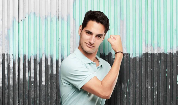 Young Handsome Latin Man Strong Sign — Stock Photo, Image