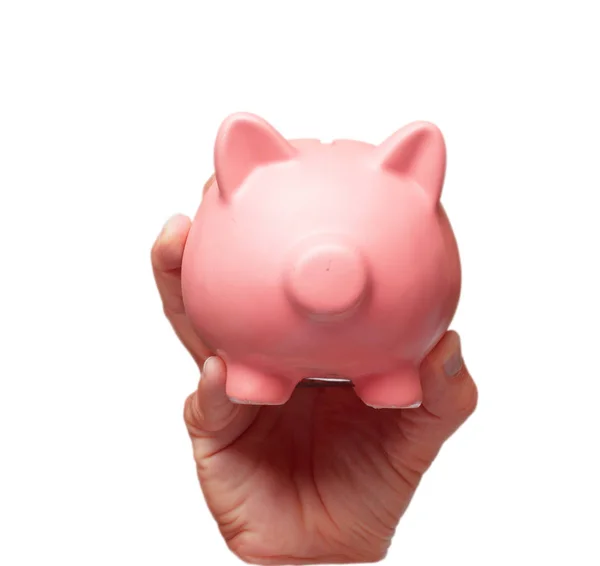 Isolated Male Hand Holding Piggy Bank — Stock Photo, Image