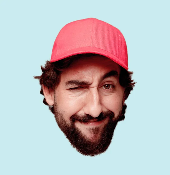 Young Crazy Bearded Man Cutout Head Expression Isolated Delivery Courier — Stock Photo, Image