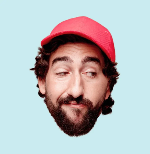 young crazy bearded man cutout head expression isolated. Delivery courier role. Thinking concept.