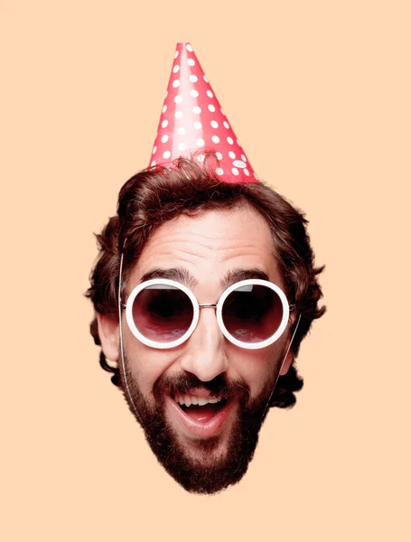 young crazy bearded man cutout head expression isolated. Birthday party role. Surprised concept.
