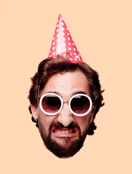 young crazy bearded man cutout head expression isolated. Birthday party role. Angry expression.