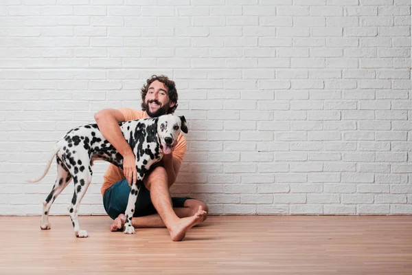 Young Bearded Man Dalmatian Dog White Brick Wall Background — Stock Photo, Image