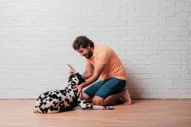 Genç sakallı adam beyaz tuğla karşı Dalmaçyalı köpekli duvar arka plan