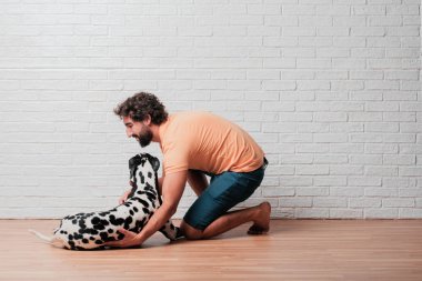 Genç sakallı adam beyaz tuğla karşı Dalmaçyalı köpekli duvar arka plan