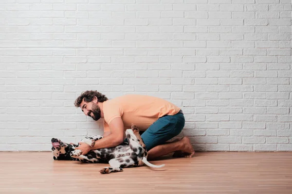 Joven Barbudo Con Perro Dálmata Contra Fondo Pared Ladrillo Blanco — Foto de Stock