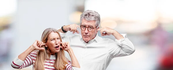 Senior Cool Husband Wife Both Hands Covering Ears Protect Them — Stock Photo, Image