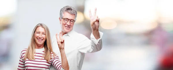 Senior Cool Husband Wife Proud Happy Confident Expression Smiling Showing — Stock Photo, Image