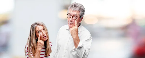 Senior Cool Husband Wife Looking Observing Keeping Eye Object Front — Stock Photo, Image