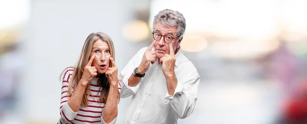 Senior Cool Husband Wife Looking Observing Keeping Eye Object Front — Stock Photo, Image