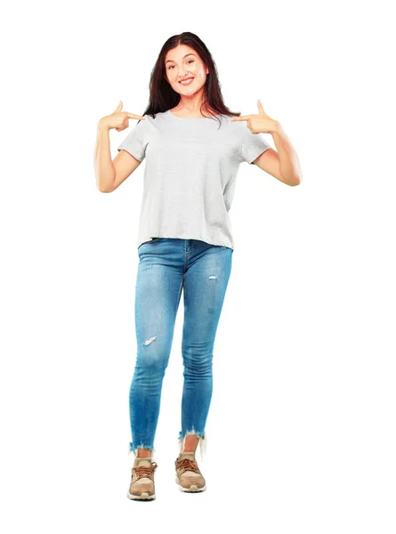 Young Pretty Woman Full Body Pointing Showing Gesture — Stock Photo, Image