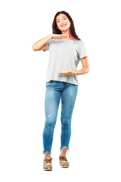 Young Pretty Woman Full Body Pointing Showing Gesture — Stock Photo, Image