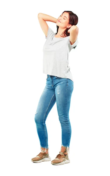 Young Pretty Woman Full Body Satisfaction Expression — Stock Photo, Image