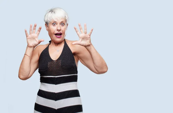 Senior Cool Woman Shouting Crazy Amazed Look Surprise Both Hands — Stock Photo, Image