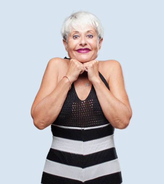 Senior Cool Woman Happy Surprised Expression Eyes Wide Open Broad — Stock Photo, Image