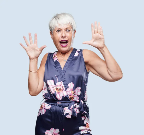 Senior Cool Woman Looking Scared Frightened Horrified Screaming Terror Facing — Stock Photo, Image