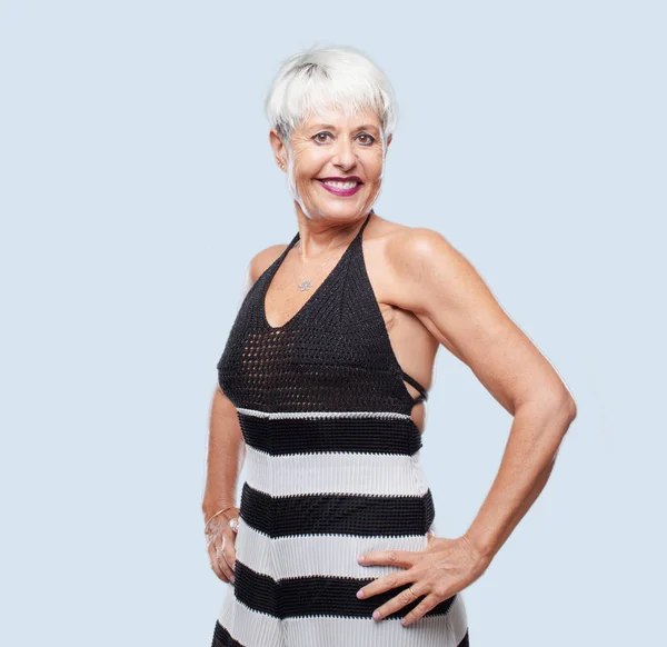 Senior Cool Woman Smiling Proudly Confidently Arms Hands Hips Akimbo — Stock Photo, Image