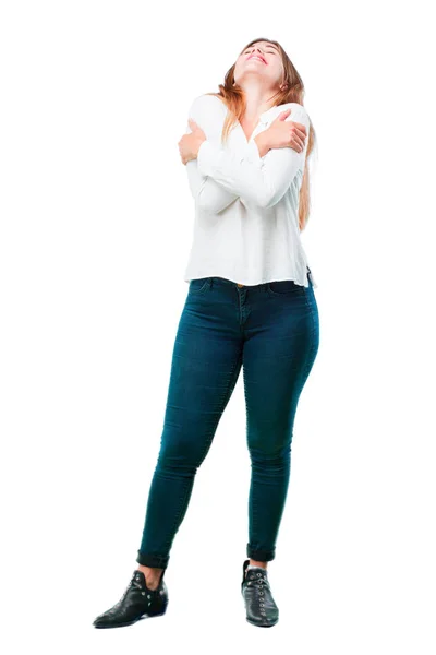 Young Pretty Woman Full Body Satisfaction Expression — Stock Photo, Image