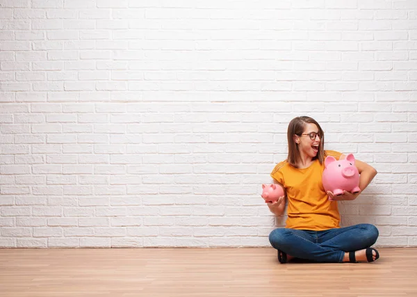 Young Pretty Woman Piggy Banks Savings Pay Buy Concept — Stock Photo, Image