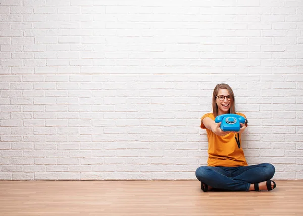 Young Pretty Woman Vintage Telephone Sitting Wooden Floor Brick Wall — Stock Photo, Image