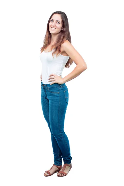 Young Pretty Girl Full Body Proud Satisfied Happy Look Both — Stock Photo, Image