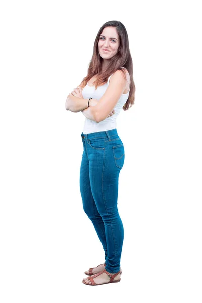 Genç Güzel Kız Tam Vücut Geri Kamera Önünde Bir Nesne — Stok fotoğraf