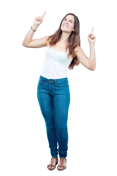 Jovem Menina Bonita Corpo Inteiro Gesticulando Vitória Com Olhar Feliz — Fotografia de Stock