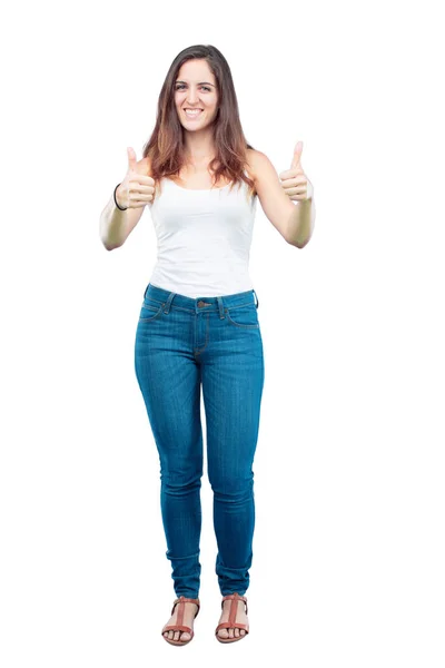 Young Pretty Girl Full Body Satisfied Proud Happy Look Thumbs — Stock Photo, Image