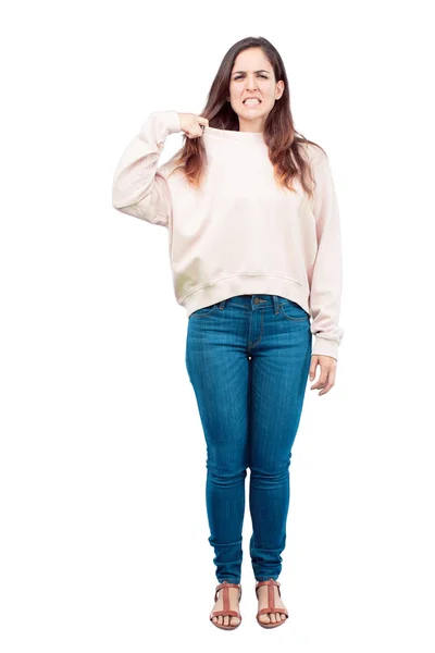 Молодая Красивая Девушка Тело Стрессовым Жестом Потливость Тянет Рубашку Шею — стоковое фото