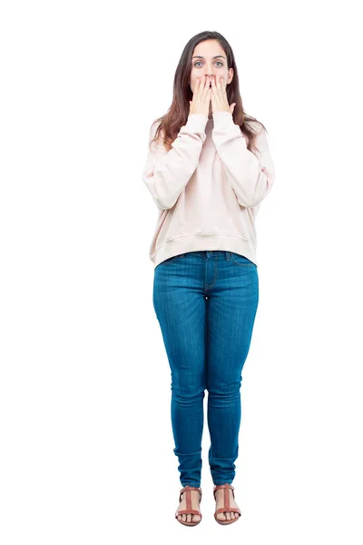 Young Pretty Girl Full Body Both Hands Crossed Front Mouth — Stock Photo, Image