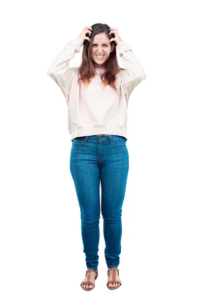 Young Pretty Girl Full Body Crazy Amazed Look Surprise Holding — Stock Photo, Image