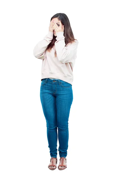 Young Pretty Girl Full Body Scared Frightened Expression Covering Eyes — Stock Photo, Image