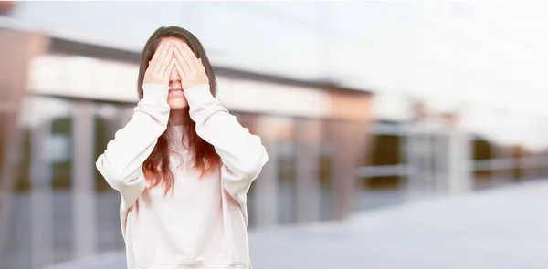 Young Pretty Girl Full Body Serious Scared Frightened Expression Covering — Stock Photo, Image