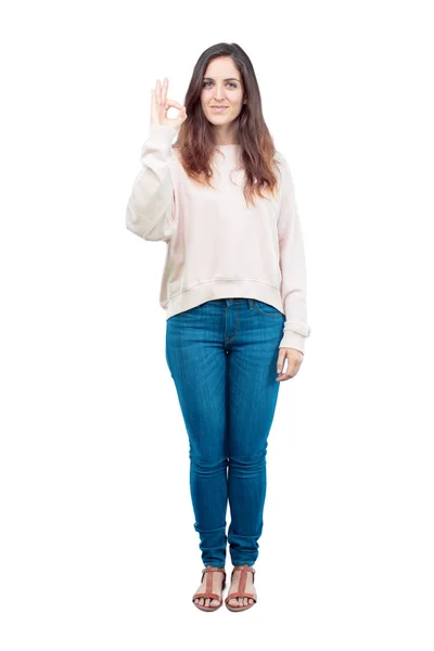 Young Pretty Girl Full Body Making Alright Okay Gesture Approvingly — Stock Photo, Image