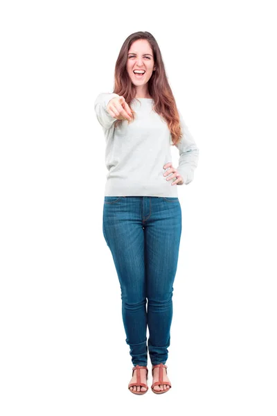 Young Pretty Girl Full Body Laughing Hard Something Hilarious Pointing — Stock Photo, Image