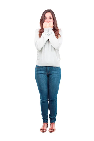 Young Pretty Girl Full Body Looking Scared Frightened Horrified Screaming — Stock Photo, Image