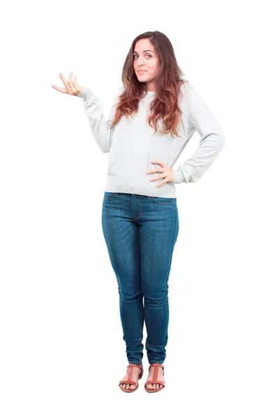 Young Pretty Girl Full Body Quizzical Confused Look Doubting Different — Stock Photo, Image