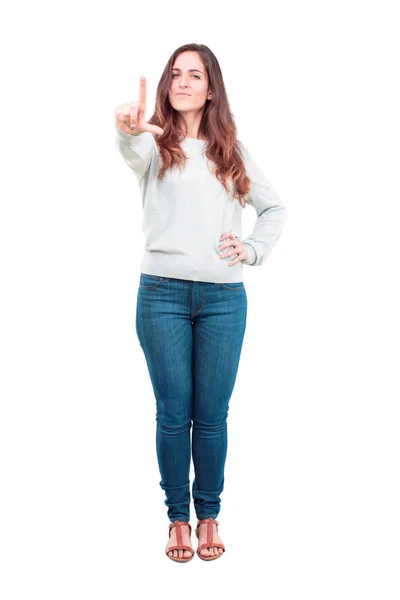 Young Pretty Girl Full Body Gesturing Loser Fingers Mockingly Happy — Stock Photo, Image