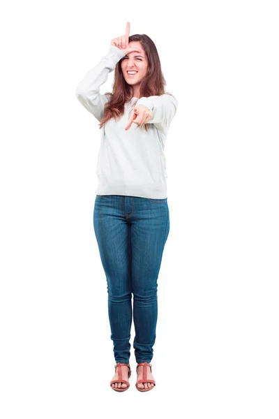 Young Pretty Girl Full Body Gesturing Loser Fingers Mockingly Happy — Stock Photo, Image