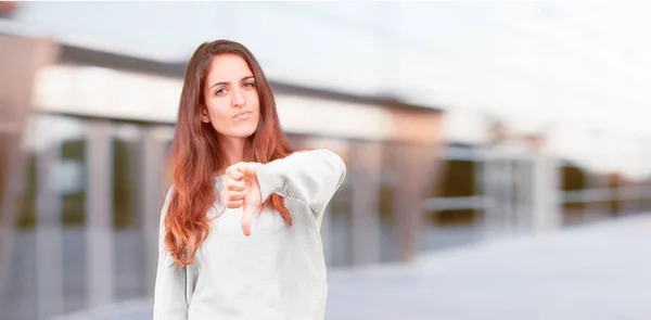 Young Pretty Girl Full Body Dissenting Serious Stern Expression Thumbs — Stock Photo, Image