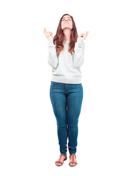 Young Pretty Girl Full Body Making Sincere Honorable Promise Oath — Stock Photo, Image