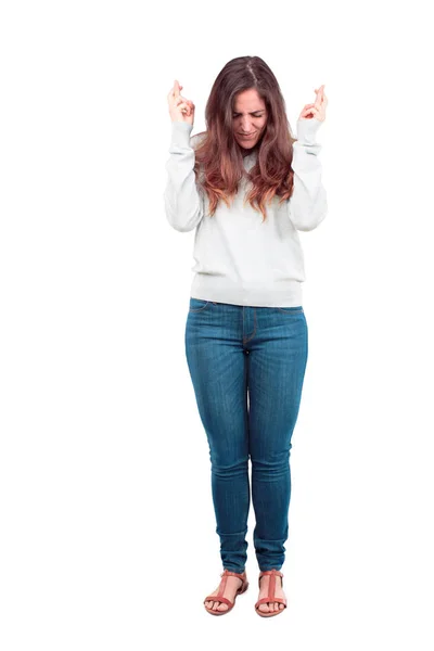 Young Pretty Girl Full Body Smiling Mischeviously While Swearing Promise — Stock Photo, Image