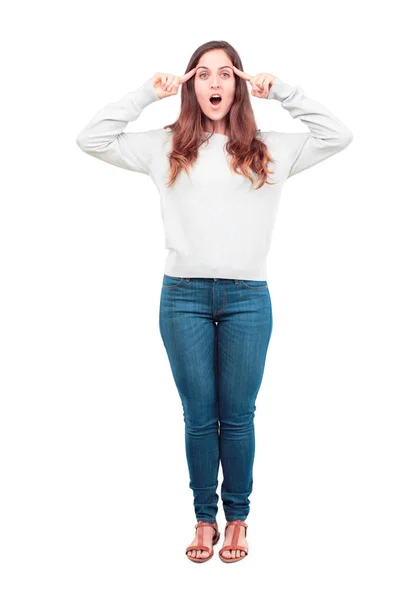 Jovem Menina Bonita Corpo Inteiro Olhando Feliz Surpreso Sorrindo Pensando — Fotografia de Stock