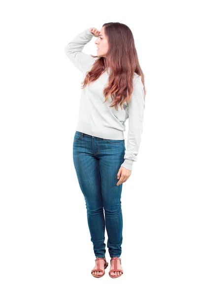 Young Pretty Girl Full Body Looking Far Distance Searching Distant — Stock Photo, Image