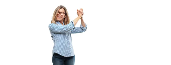 Una Mujer Hermosa Mayor Concepto Signo Triunfo —  Fotos de Stock