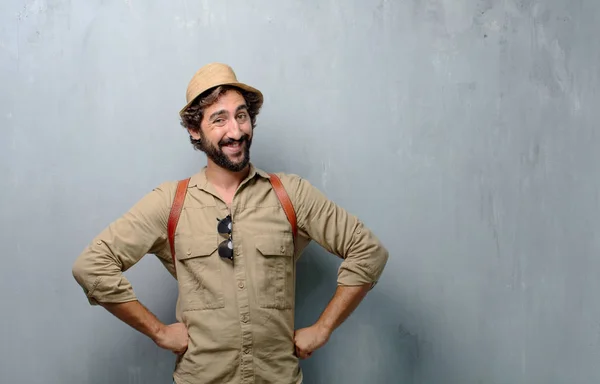 Young Traveler Man Tourist Proud Satisfied Happy Look Both Hands — Stock Photo, Image